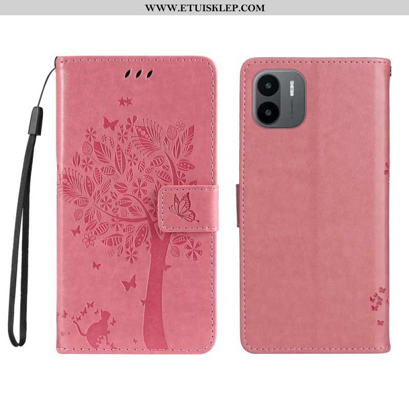 Etui Folio do Xiaomi Redmi A1 z Łańcuch Drzewo I Pasiasty Kot